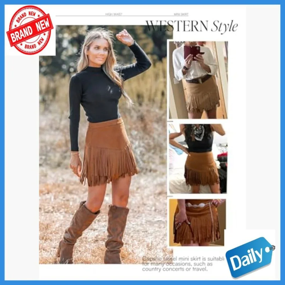 Western Fringe Suede Mini Skirt High Waist Tassel Country Concert